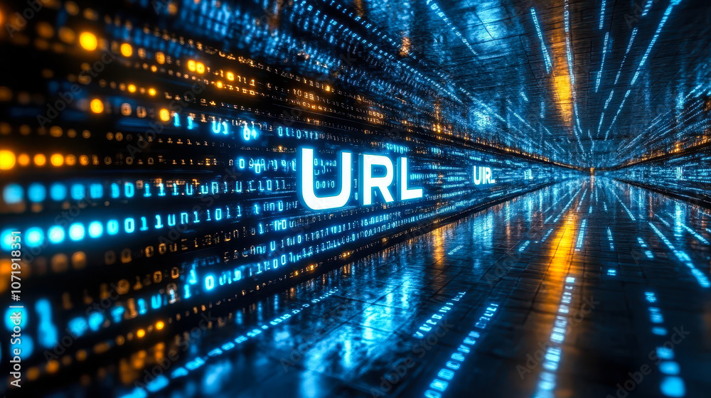 Poster digital matrix code with url acronym highlighting concept of uniform resource locator and cyber tech