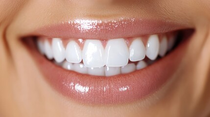 A close-up image of a perfect white smile, emphasizing the importance of dental health and hygiene, showcasing bright, healthy teeth and a radiant oral aesthetic.