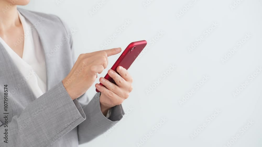 Leinwandbilder スマホ、女性、スマートフォン、ビジネス、携帯電話、アプリ、動画、SNS、検索、メール、ビジネスパーソン、DX、デジタル、スーツ、ビジネスウーマン、仕事、キャリアウーマン、調べる、リサーチ、ツール、使う、ユーザー、操作、タッチ、ブラウザー、ホームページ、webサイト、インターネット、オンライン、通信、IT、IoT、テクノロジー、モバイル、笑顔、ミドル、クラウド、ニュース、記事、電子書籍、電子コミック