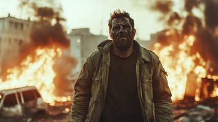 Obraz premium A gritty scene featuring a man covered in soot standing in a devastated urban area, with blazing fires and smoke engulfing the background landscape.