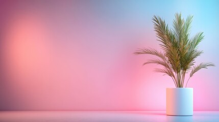 Fototapeta premium A large, lush plant set against a dreamy pastel gradient backdrop. The colors transition from warm peach to cool blues, creating a soft and inviting atmosphere.