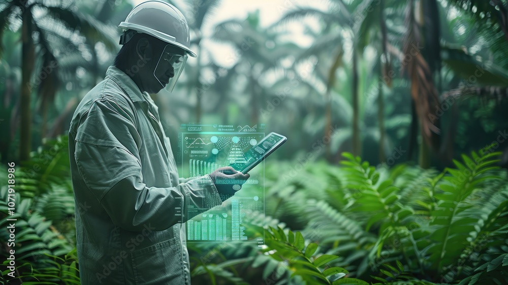 Poster oil palm plantation futuristic data overlay with scientist holding a digital device.