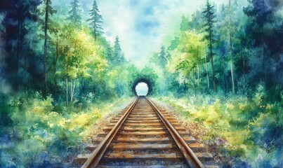 Fototapeta premium Watercolor a railway in the spring forest. Tunnel of Love, green trees and the railroad