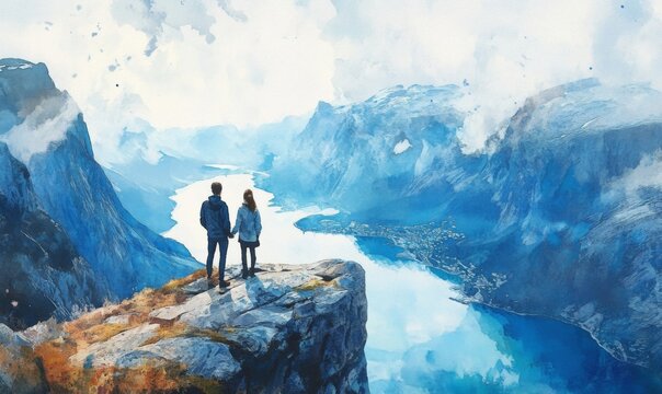 Watercolor Adventurous couple at Trolltunga. Trolltunga (Troll tongue) is a piece of rock jutting horizontally out of a mountain in Odda in Hordaland, Norway