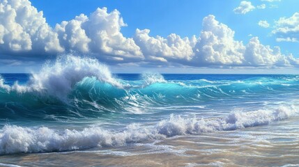 Obraz premium Stunning blue ocean waves crashing onto a sandy beach under a bright blue sky with fluffy clouds.