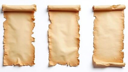 Three torn parchment pieces scene, aged and parchment-toned