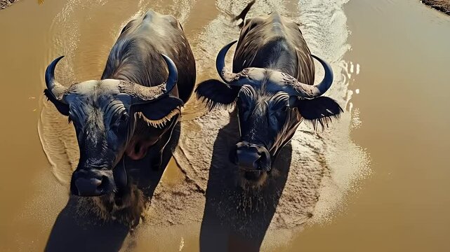 A pair of buffaloes are running in a muddy river