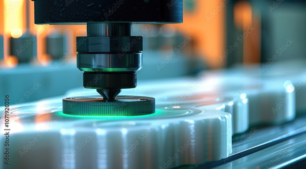 Poster Close-up of a CNC (Computer Numerical Control) machine carving, with green and blue lighting.