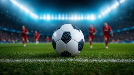 A close-up of a soccer ball in focus on the grass, with players in red uniforms running behind it in a brightly lit stadium.