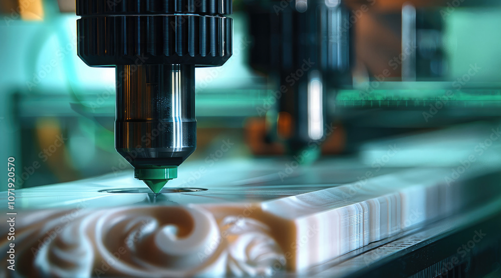 Poster Close-up of a CNC (Computer Numerical Control) machine carving, with green and blue lighting.
