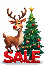 Fototapeta premium decorated christmas tree and red letters sale, next to a deer with antlers
