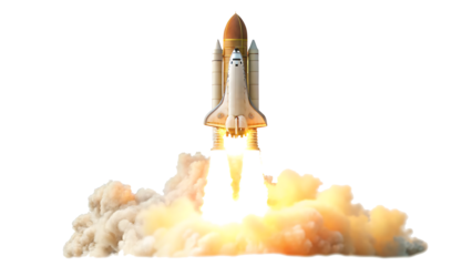 Space shuttle launch with smoke and flames, isolated on white background.AI GENERATED
