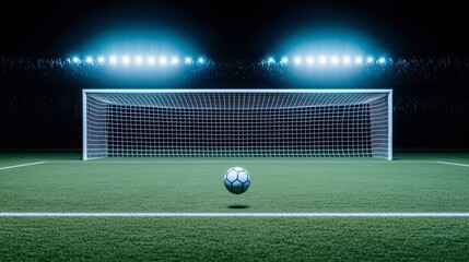 Fototapeta premium A vibrant soccer goal illuminated by bright stadium lights, with a ball poised on the field, ready for action in a dramatic night setting.