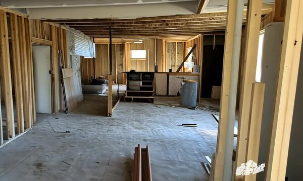 An interior space under construction, showcasing exposed framing, unfinished walls, and materials scattered on the floor, indicating ongoing renovation work.