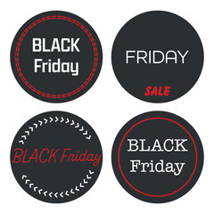 Stickers for Black Friday announcements, discounts, sales. Black Friday Lettering. White letters on black and gray background.