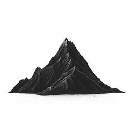 Minimalist black and white illustration of a solitary mountain peak with detailed lines representing ridges, conveying a dramatic and stark natural landscape. Shilajit Mountains. 