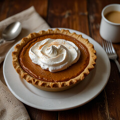 A big pastry cake on a white plate.