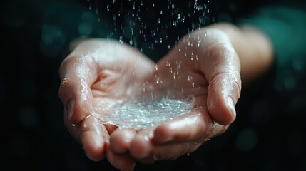 Fototapeta premium A pair of hands gently catching water in a serene and peaceful setting, symbolizing purity, refreshment, and connection to nature, with water droplets visible.