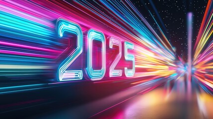 Futuristic Neon Celebration of 2025 with Vibrant Light Trails.