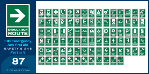 87 set iso emergency and first aid safety signs v5_evacuation route_portrait size a4/a3/a2/a1