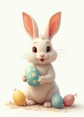 Happy easter wallpaper with cartoon bunny holding an easter eggs and flowers around