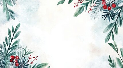 Winter Botanical Frame with Red Berries and Green Leaves