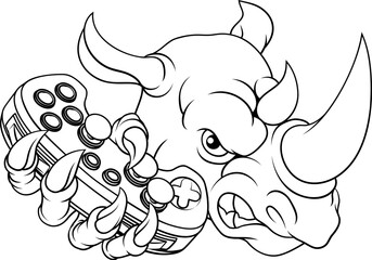 A Rhino Rhinoceros gamer sports video game gaming mascot holding a games controller