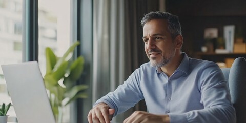 Mature businessman using laptop, enjoying remote work or online business meeting in modern office space, bright window light