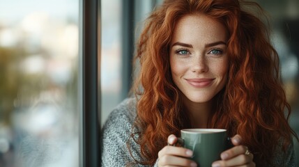 A woman with vibrant red hair and freckled skin warmly smiles while holding a coffee mug, capturing a moment of warmth, coziness, and morning relaxation indoors.