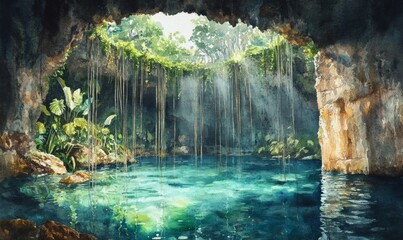Watercolor Ik-Kil Cenote - Lovely cenote in Yucatan Peninsulla with transparent waters and hanging roots. Chichen Itza, Mexico