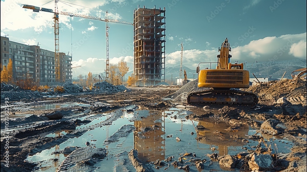 Poster landscape of construction site, with a building framework rising in the background, project developm