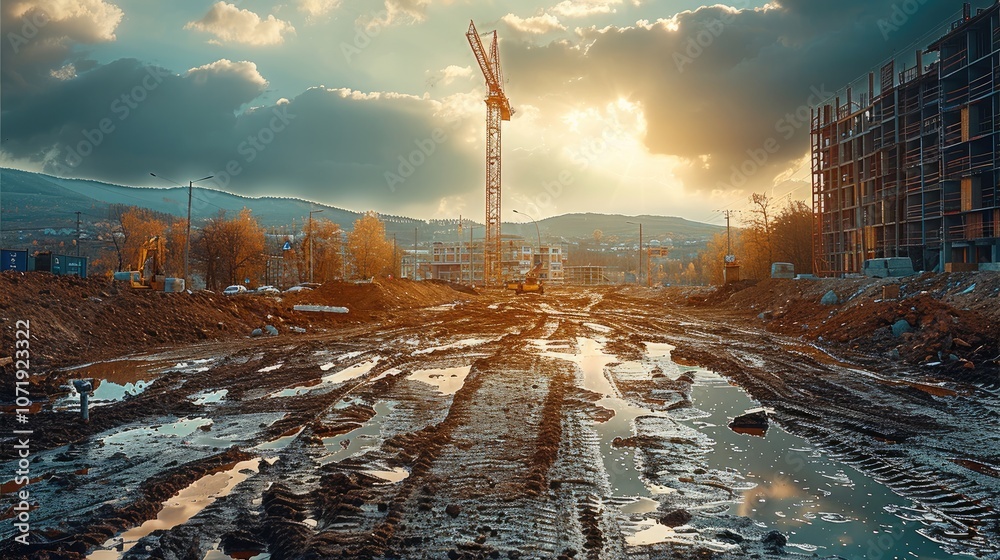 Poster landscape of construction site, with a building framework rising in the background, project developm
