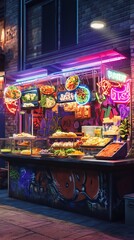 Obraz premium Tilted angle view of a vibrant street food stall
