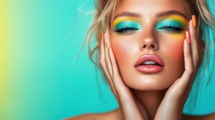 Fototapeta premium A close-up of a person wearing vibrant eyeshadow and blush, set against a turquoise background, showcasing detailed makeup artistry and expression.