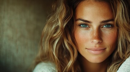 Naklejka premium Close-up shot of a woman with freckles, displaying natural beauty. Her hair is loose and wavy, and she wears a soft expression, enhancing the image's natural essence.