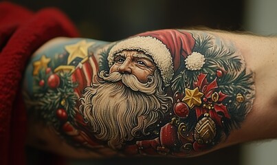 Christmas tattoo on forearm featuring Santa Claus. Realistic style with  red berries adds a festive, wintery vibe. Detailed and textured, it captures holiday spirit. Perfect for Christmas themes