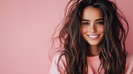 A young woman with long, tousled hair and a contagious smile poses against a vibrant pink background, radiating warmth and youthful energy for positive lifestyle themes.