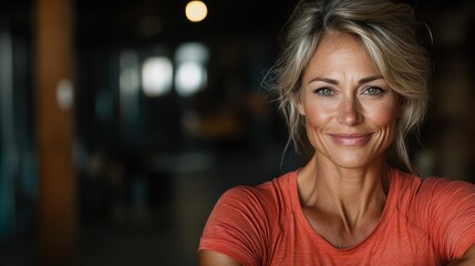 Fototapeta premium A confident woman in an orange shirt smiles warmly in a dimly lit gym environment, representing strength, motivation, and a zest for fitness and life.