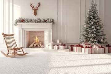 Cozy Christmas scene with fireplace, tree, present boxes, rocking chair, candy cane, white carpet, and wooden reindeer above the mantle.