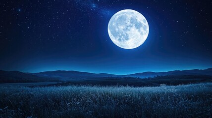 Bright full moon illuminating grassy field under clear starry night sky