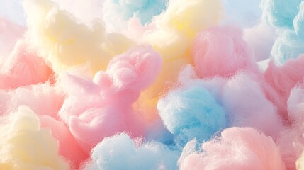 Fototapeta premium 33.Whimsical abstract background with pastel shades of pink, blue, and yellow, resembling the fluffy textures of cotton candy, evoking a sense of nostalgia and sweetness
