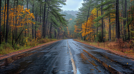 Fototapeta premium A narrow asphalt road winds through a dense, shadowy forest of towering pine trees. The road is slick, glistening from a recent rain, with patches of mist rising up from the surface.