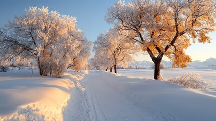 Obraz premium Serene Winter Landscape with Frosty Trees and Sunlit Pathway in a Snowy Wonderland, Capturing the Tranquility of Nature's Beauty During the Cold Season
