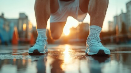 A close-up view of an athlete positioned to start sprinting on a wet track during sunrise, capturing the intensity and determination of a sportsman in action.