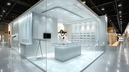 Obraz premium A modern design for an open space trade show booth. glass tables. eyewear trades show.