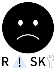 Sad face emoticon with letters RISKY, including a warning triangle for I and a wrench for Y. Ideal for caution, danger, risk assessment, troubleshooting, repair, problem-solving and safety. Line