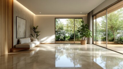 Fototapeta premium A spacious and airy living room featuring modern designs, large glass windows showcasing a lush garden view with vibrant greenery indoors.