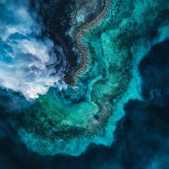 Aerial view of a tropical island with a swirling blue ocean in the center.