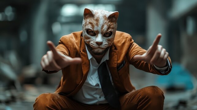 A man in an orange suit wears a cat mask and poses dramatically with hand gestures in an abstract setting, creating a surreal and intriguing atmosphere.