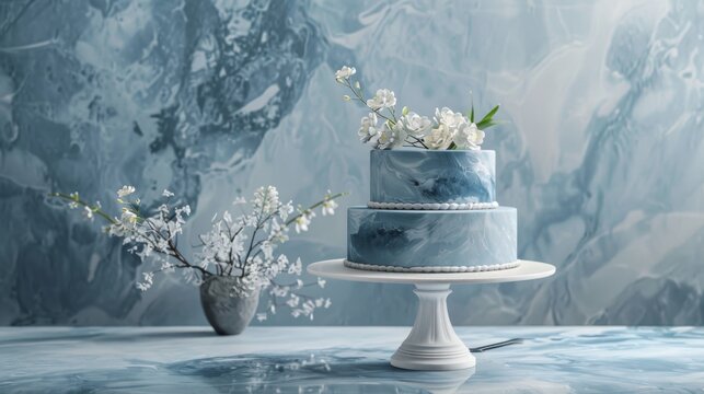 Elegant Blue Wedding Cake with White Flowers